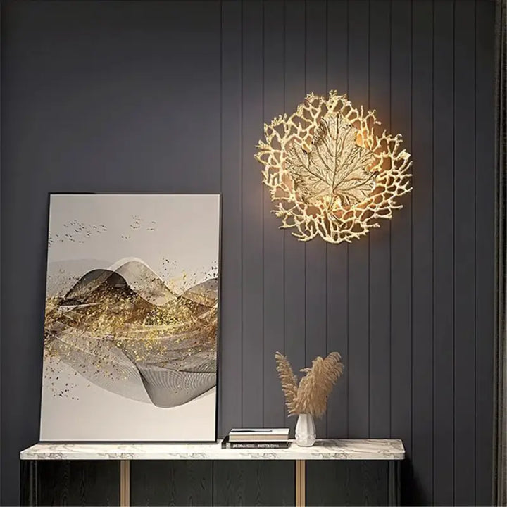 Applique Murale Design Feuille Ronde Métal Doré Élégant