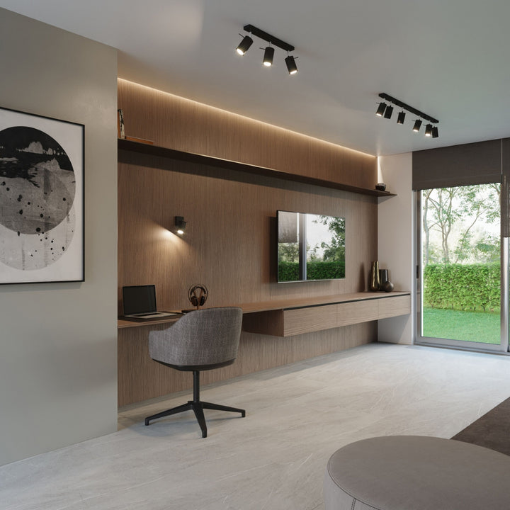 Luminaire Plafonnier noir allumée, vue rapprochée