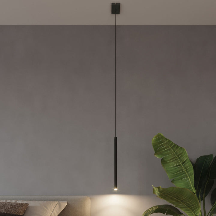 Suspensions tubes fins noir dans un intérieur contemporain