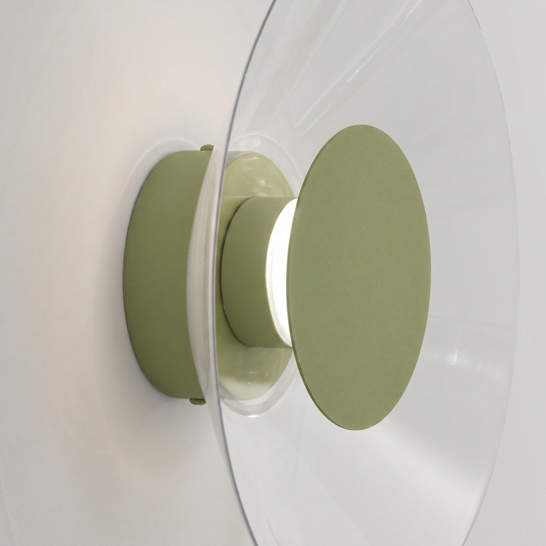 Applique murale ASTRO vert olive vue de profil, disque transparent