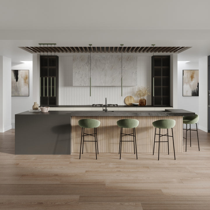 Suspensions tubes fins vert olive dans un intérieur contemporain
