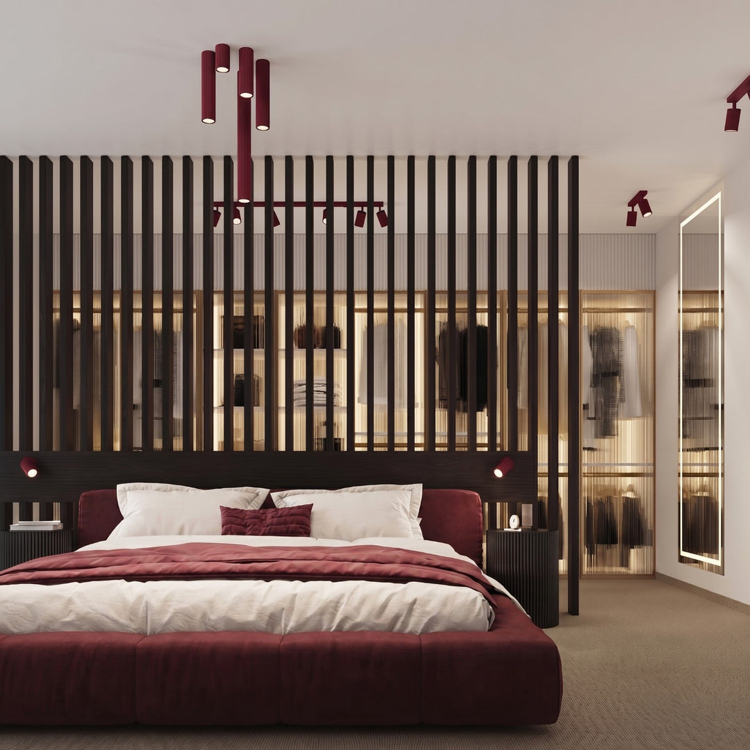 Luminaire Plafonnier bordeaux dans un intérieur contemporain