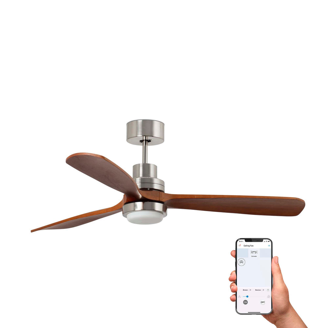 Ventilateur de plafond Lantau XL nickel mat, pales noyer, avec lumière, Tuya, de Faro Barcelona