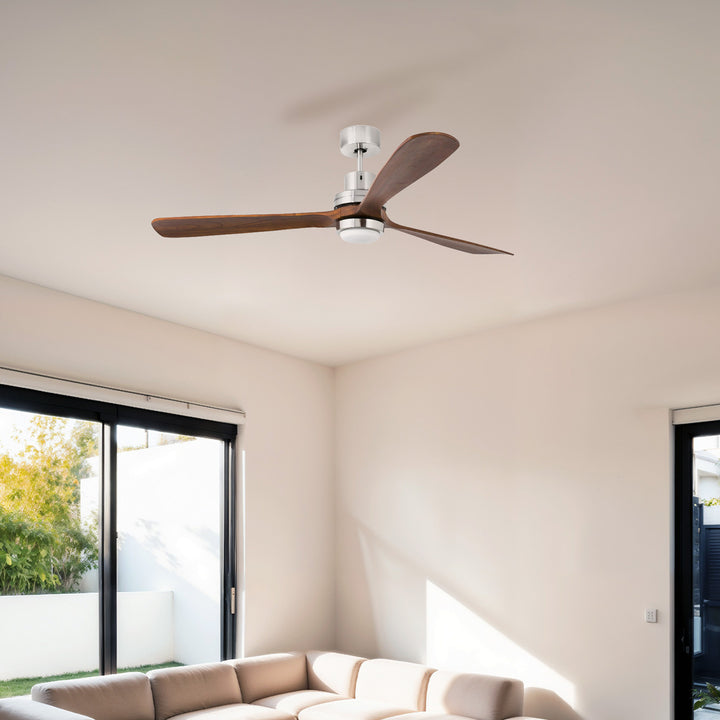 Ventilateur de plafond Lantau XL nickel mat et noyer en situation