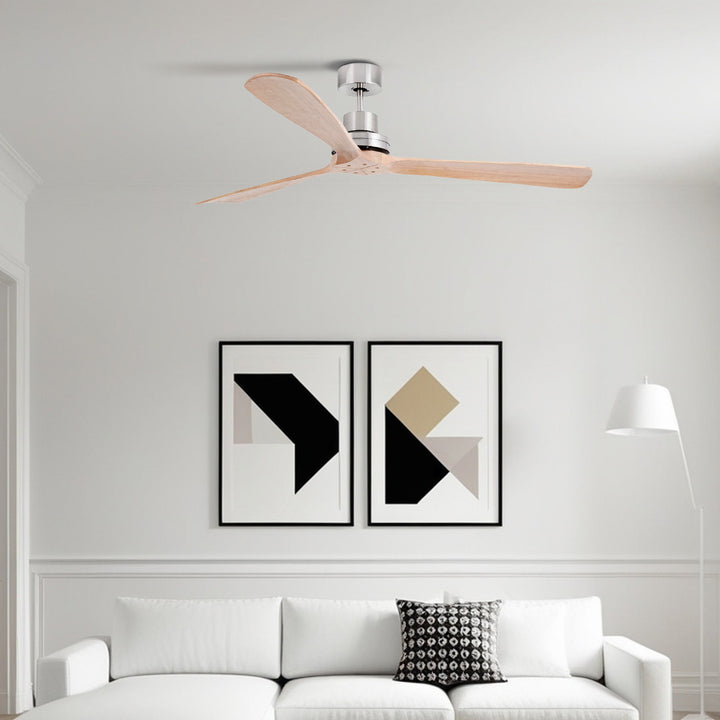 Ventilateur de plafond Lantau XL nickel mat et pin en situation