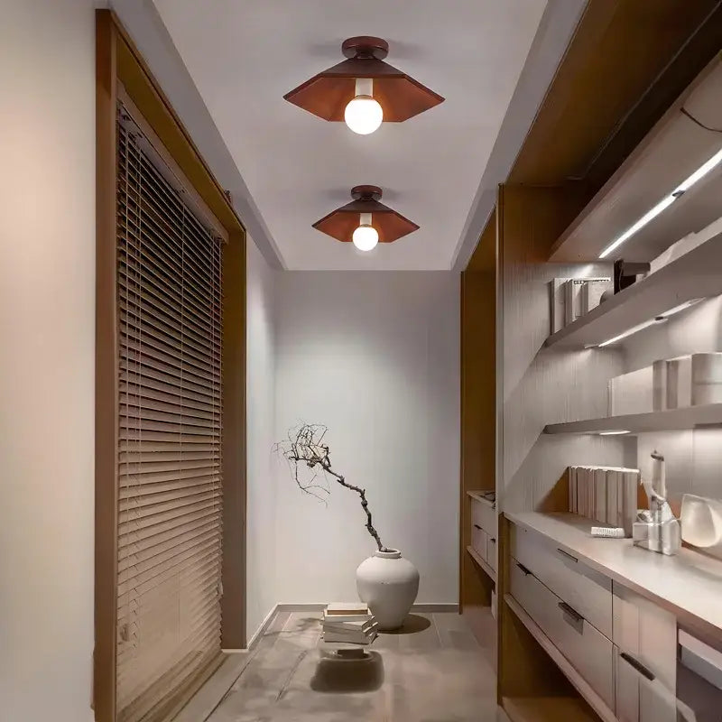 Plafonnier design bois noix et fer led décor bois marron