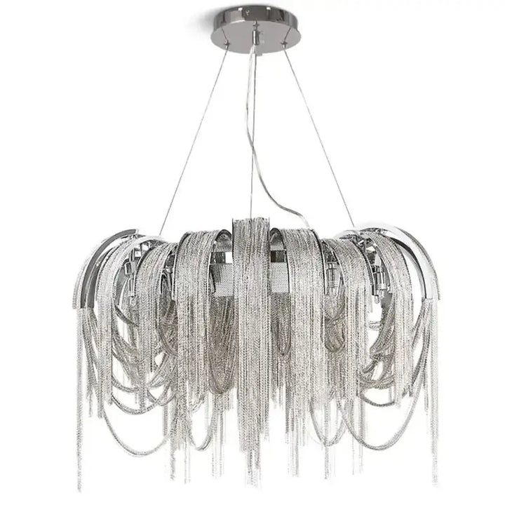 Suspension luminaire luxe avec franges en métal argenté ou doré