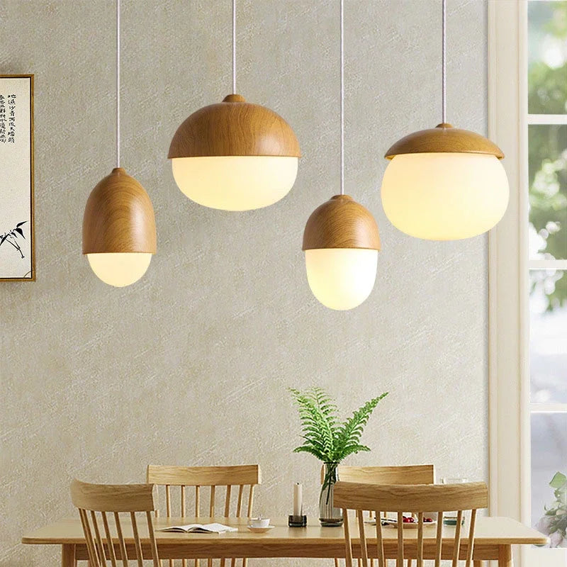 Wood Grain Pendant Lamp Modern Nut Round Hanging Light Living Room Bedroom Decor Lighting