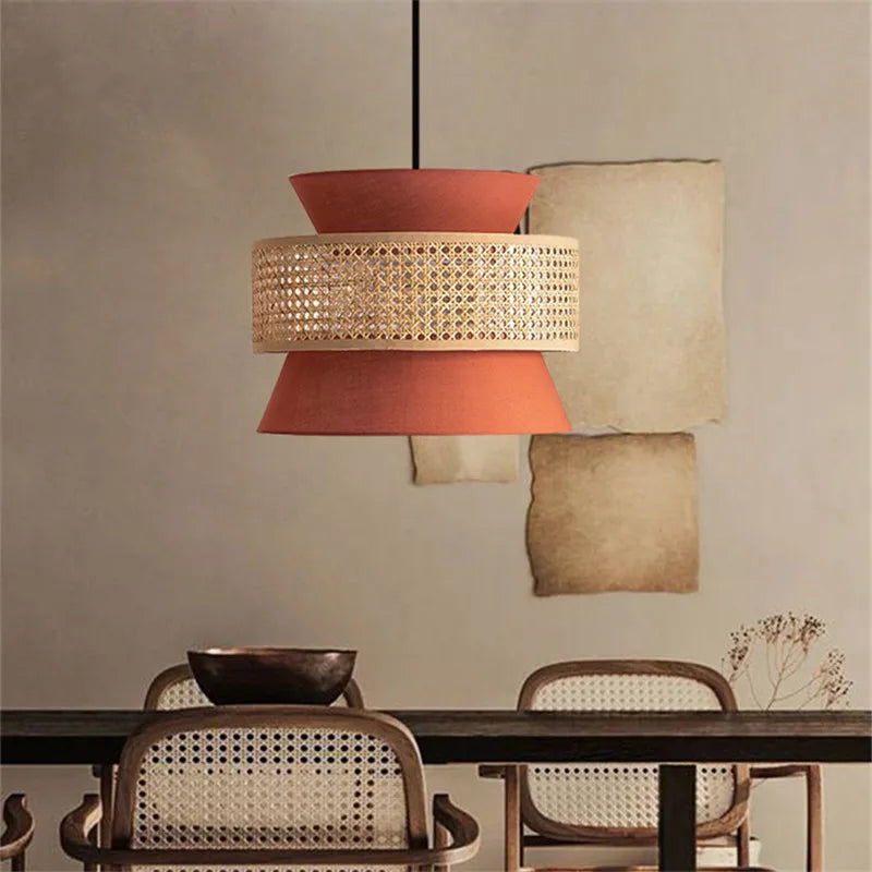
Suspension Moderne Double Abat Jour Terracotta Et Rotin
