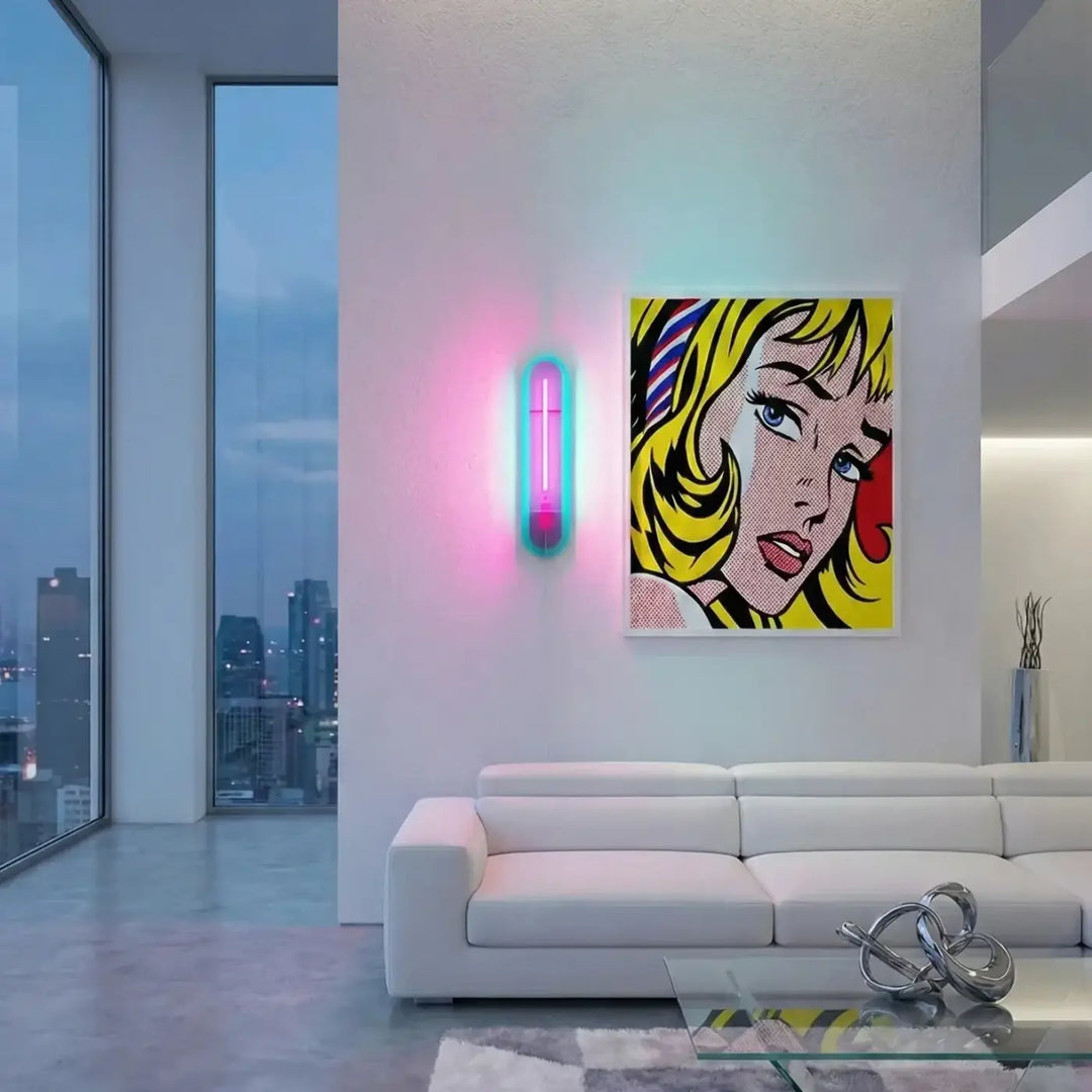 Applique andy élément lighting pop art avec lumière néon verticale dégradé rose et bleu pour décoration murale