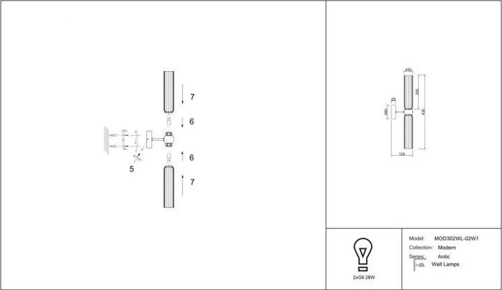 Applique murale antic double fine en métal doré avec deux cylindres en verre strié au design moderne et minimaliste