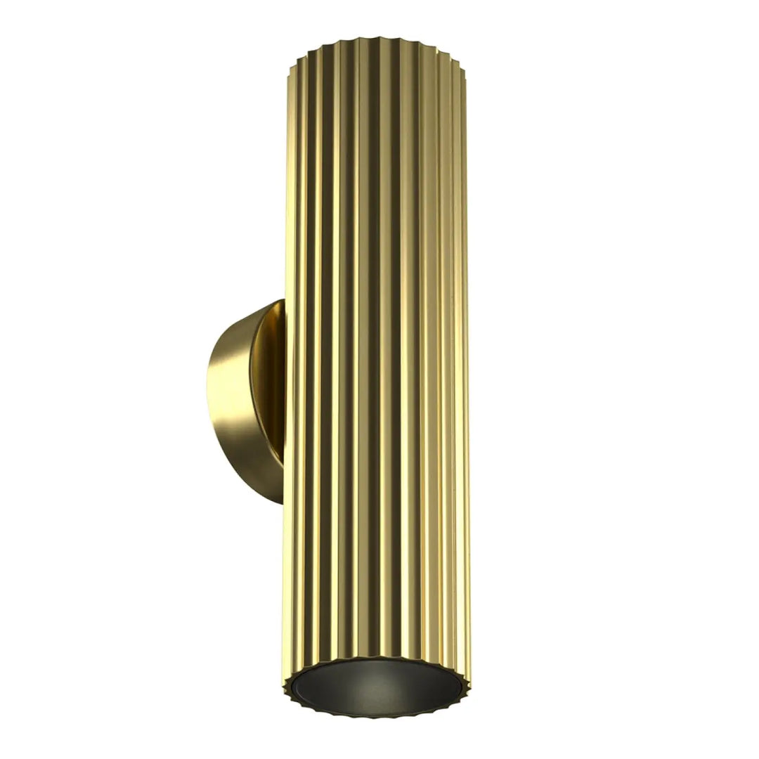 Applique murale calipso cylindre cannelé double flux en métal doré avec finition verticale et support circulaire