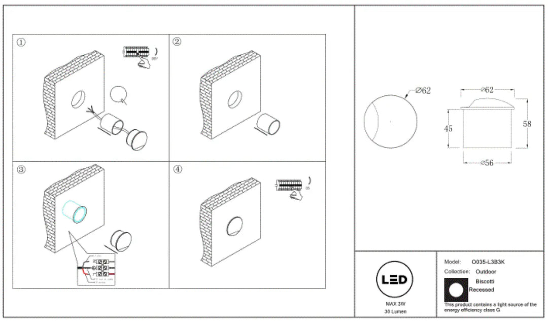 Applique encastrée biscotti led circulaire 30 lumens 3v design épuré pour éclairage d’un seul côté extérieur