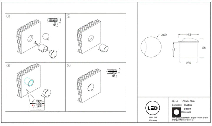 Applique encastrée biscotti led circulaire 30 lumens 3v design épuré pour éclairage d’un seul côté extérieur