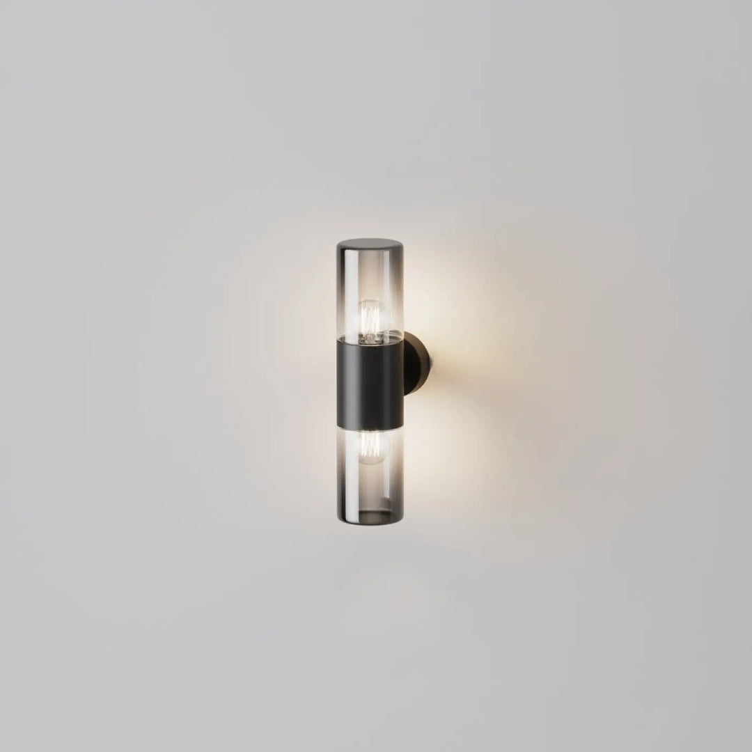 Applique extérieure moderne en aluminium graphite avec verre teinté et deux ampoules à filament exposé