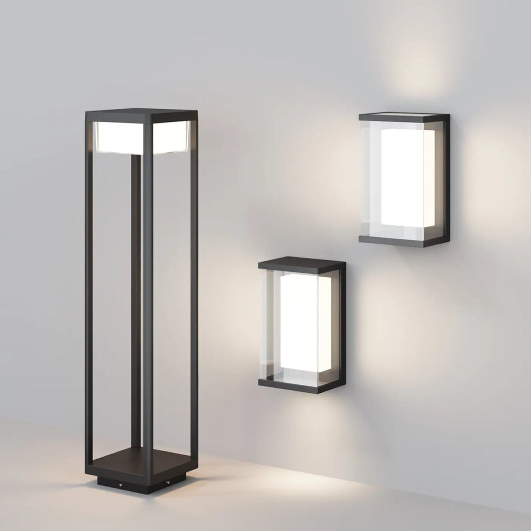 Applique extérieure baker street en aluminium noir avec éclairage led blanc lumineux et panneaux en verre clair