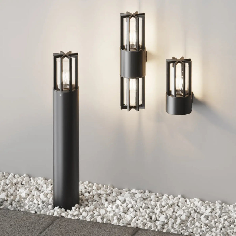 Applique extérieure barrel en métal graphite noir avec verre transparent et détails en forme d étoile pour usage extérieur
