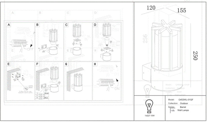 Applique extérieure barrel en métal graphite avec verre transparent cylindre de 250mm hauteur modèle 0453vl-01gf