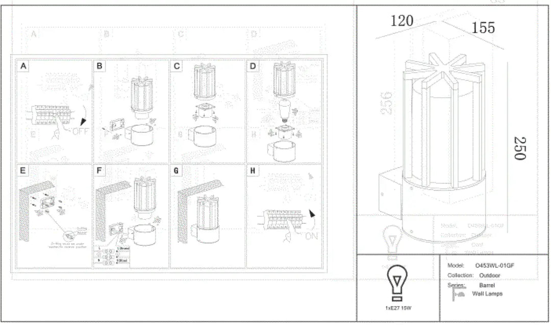 Applique extérieure barrel en métal graphite avec verre transparent cylindre de 250mm hauteur modèle 0453vl-01gf