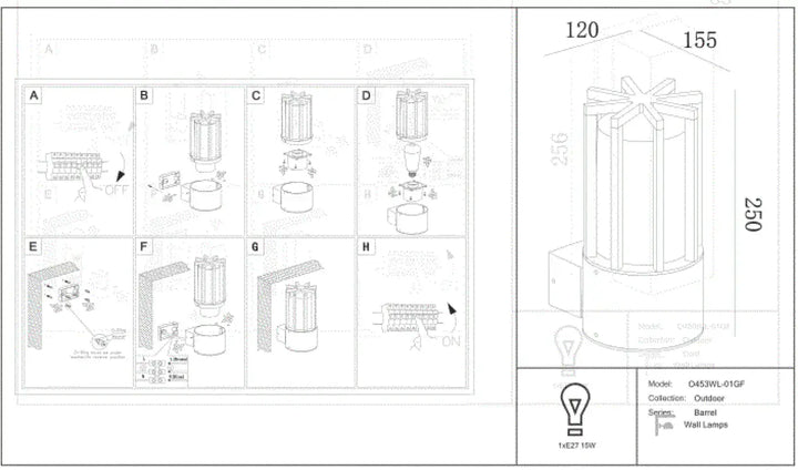 Applique extérieure barrel en métal graphite avec verre transparent cylindre de 250mm hauteur modèle 0453vl-01gf