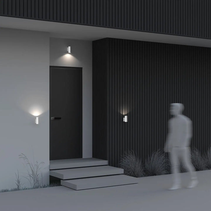 Applique extérieure bowery en aluminium thermolaqué avec ampoules gu10 design cylindrique et lumière chaude