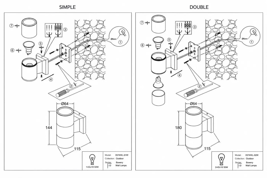 Diagrammes techniques éclatés d applique extérieure bowery cylindrique en aluminium thermolaqué avec ampoules gu10 simple et double