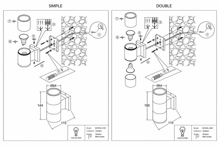 Diagrammes techniques éclatés d applique extérieure bowery cylindrique en aluminium thermolaqué avec ampoules gu10 simple et double