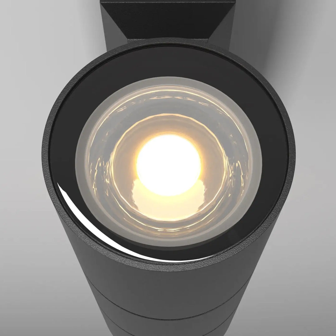Applique extérieure bowery cylindre en aluminium thermolaqué noir avec ampoule gu10 led chaude encastrée en verre transparent