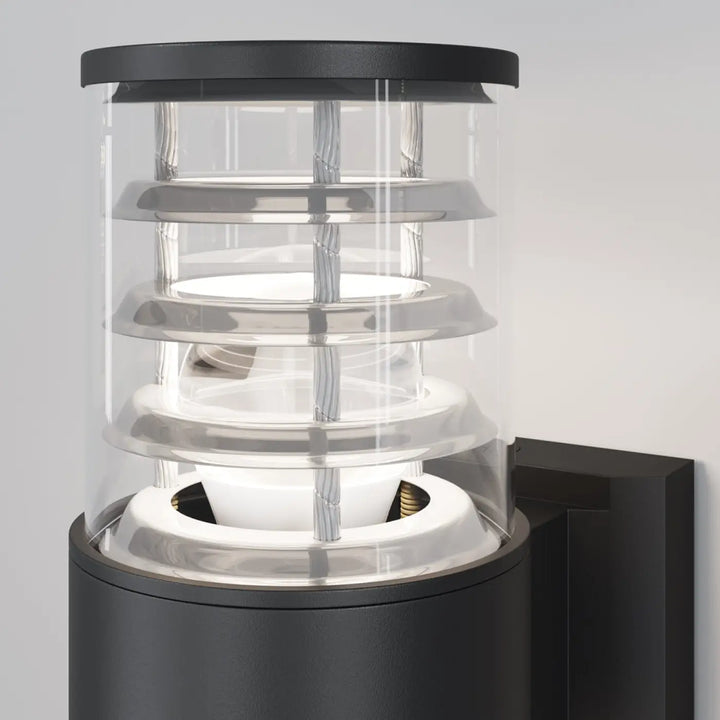 Applique extérieure bronx tube en métal noir avec verre transparent et anneaux métalliques argentés cylindrique