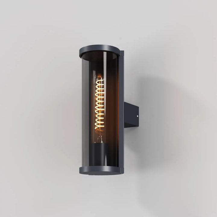 Applique extérieure conf en aluminium graphite cylindre noir avec verre transparent et ampoule filament spirale visible