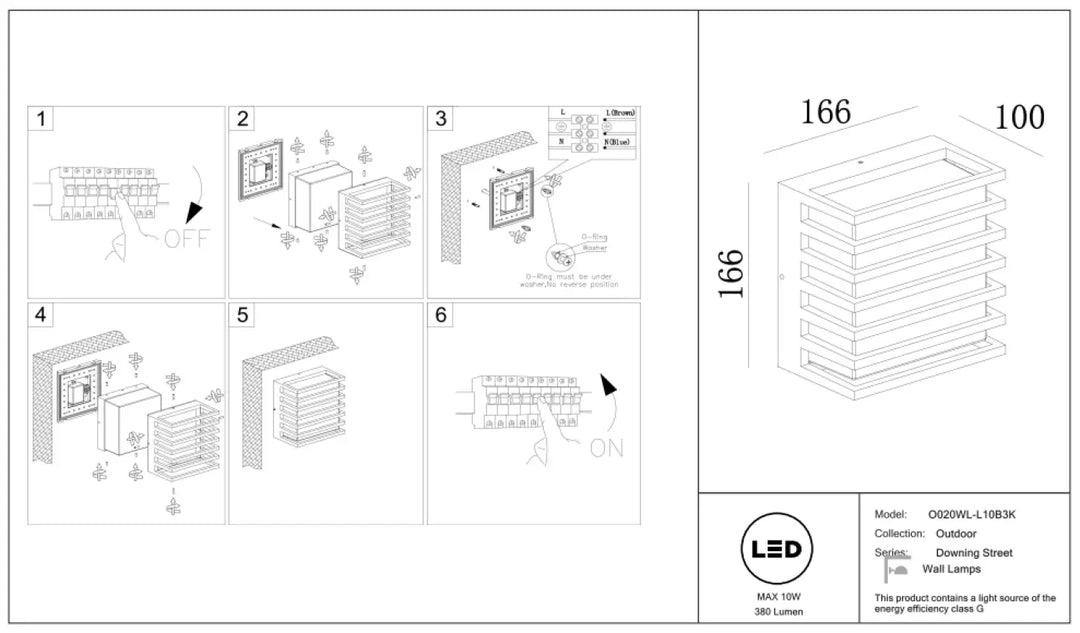 Applique extérieur led downing street en aluminium noir avec verre opale dimensions 166mm hauteur 100mm largeur