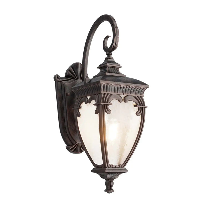 Applique extérieure en fer forgé bronze foncé avec lanterne baroque et panneau de verre dépoli fleur