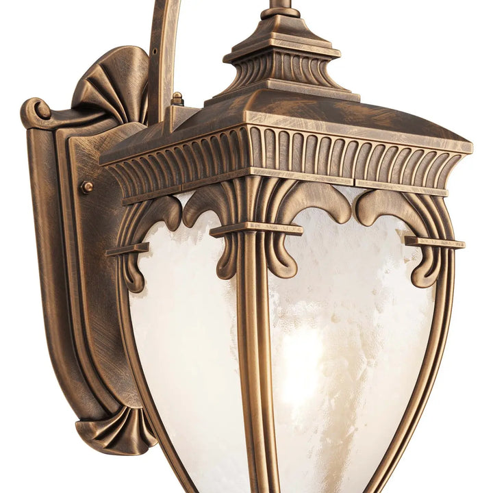 Applique extérieure fleur en bronze ancien avec lanterne italienne et panneau en verre dépoli style baroque