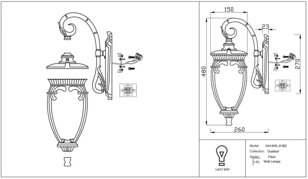 Applique extérieure noire en fer forgé ornée de volutes avec lanterne baroque en verre pour usage extérieur