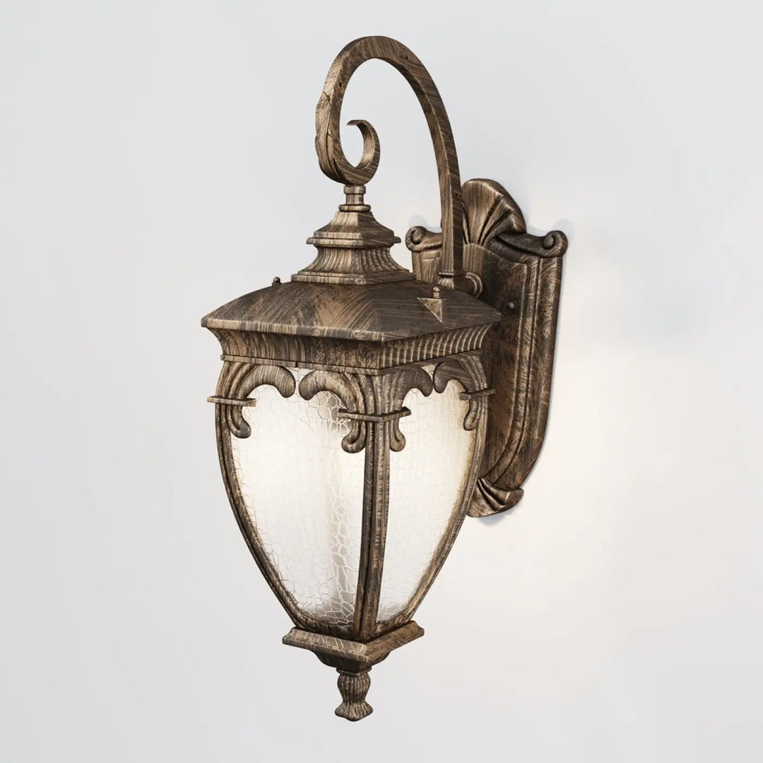 Applique extérieure lanterne baroque en fer forgé bronze antique avec panneau de verre craquelé texturé
