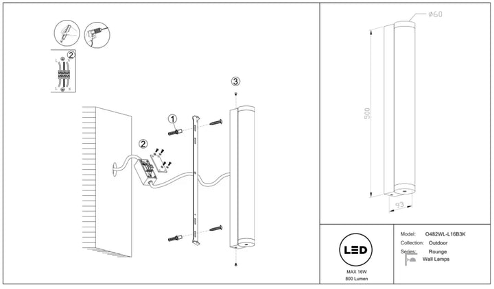 Applique extérieure led en aluminium noir avec design cylindrique modèle q482wl-l16b3k pour usage extérieur