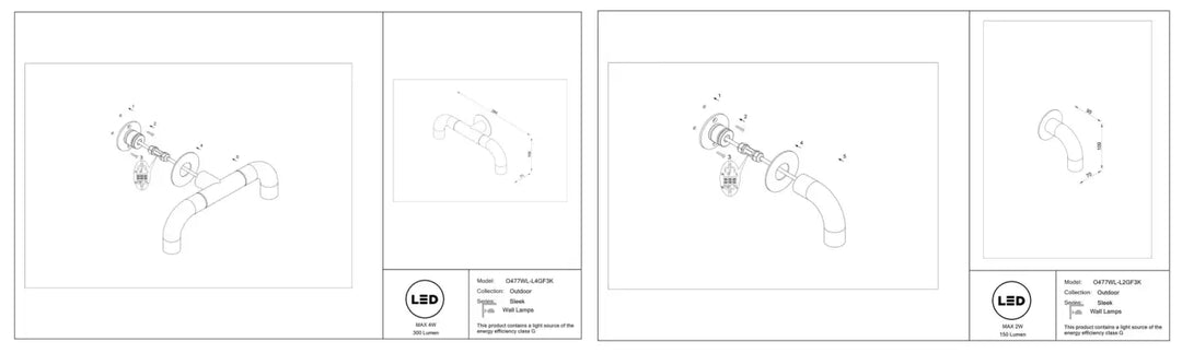 Applique extérieure led led gaton-l20p avec bras incurvé et base circulaire en dessin technique indice ip65 led intégrée
