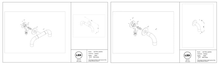 Applique extérieure led led gaton-l20p avec bras incurvé et base circulaire en dessin technique indice ip65 led intégrée