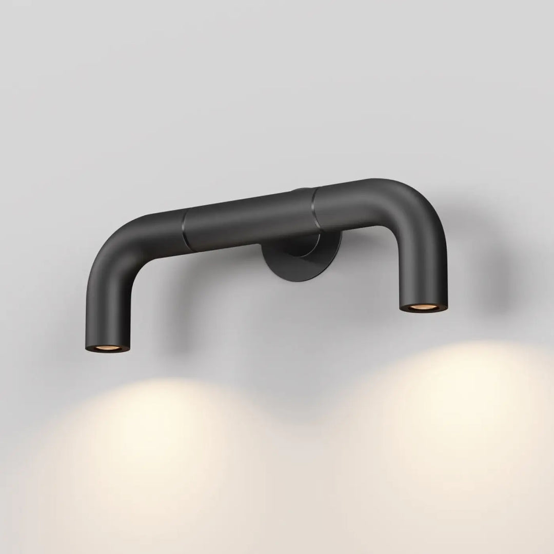 Applique extérieure led en aluminium noir finition mate avec deux bras courbés et spots intégrés style industriel
