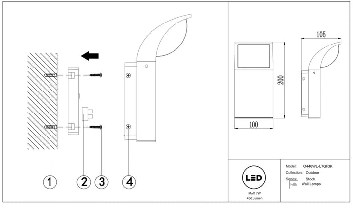 Applique extérieure led en acier noir avec un luminaire courbé élégant et un boîtier rectangulaire pour extérieur