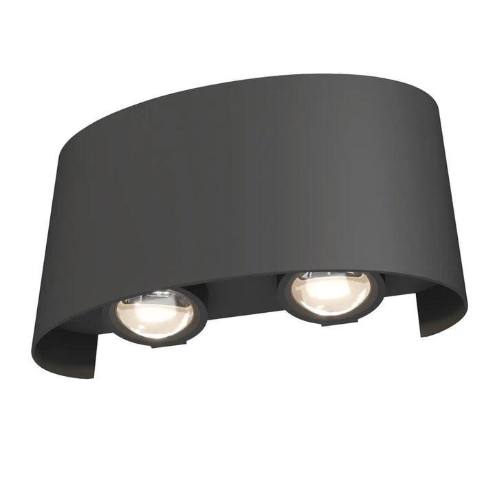 Applique extérieure led strato compacte noire avec lumière indirecte à deux ampoules led circulaires montée au mur
