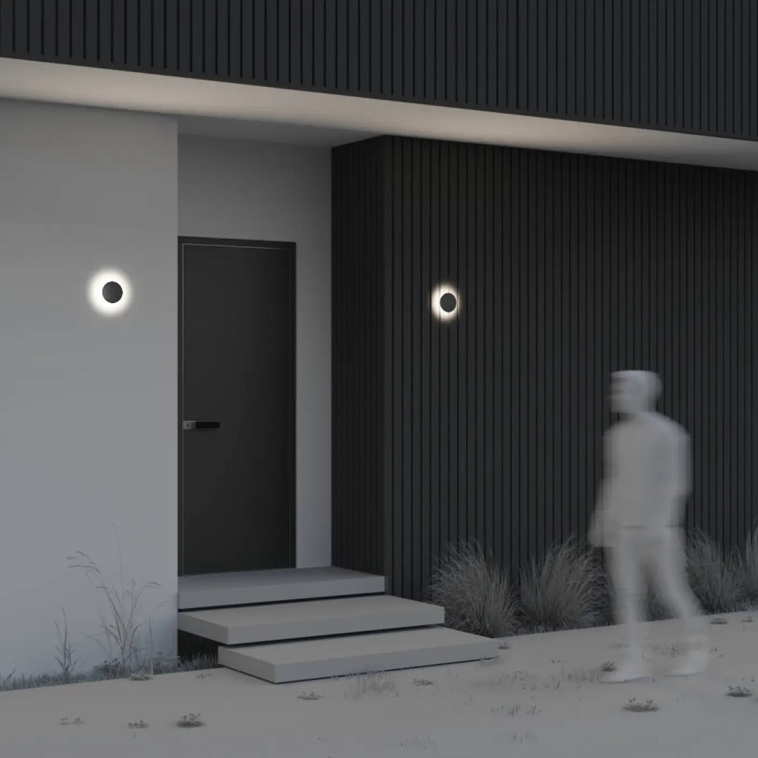 Applique extérieure led walld disque en acier gris avec finition noire et lumière douce et chaude