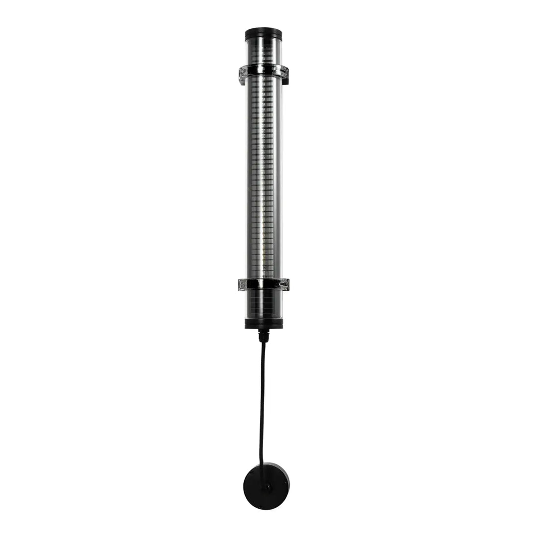 Applique lukas noir cylindrique avec tube en verre transparent grille interne et accents métalliques pour luminaire extérieur