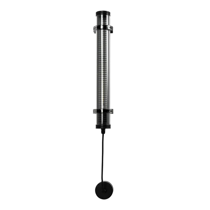 Applique lukas noir cylindrique avec tube en verre transparent grille interne et accents métalliques pour luminaire extérieur