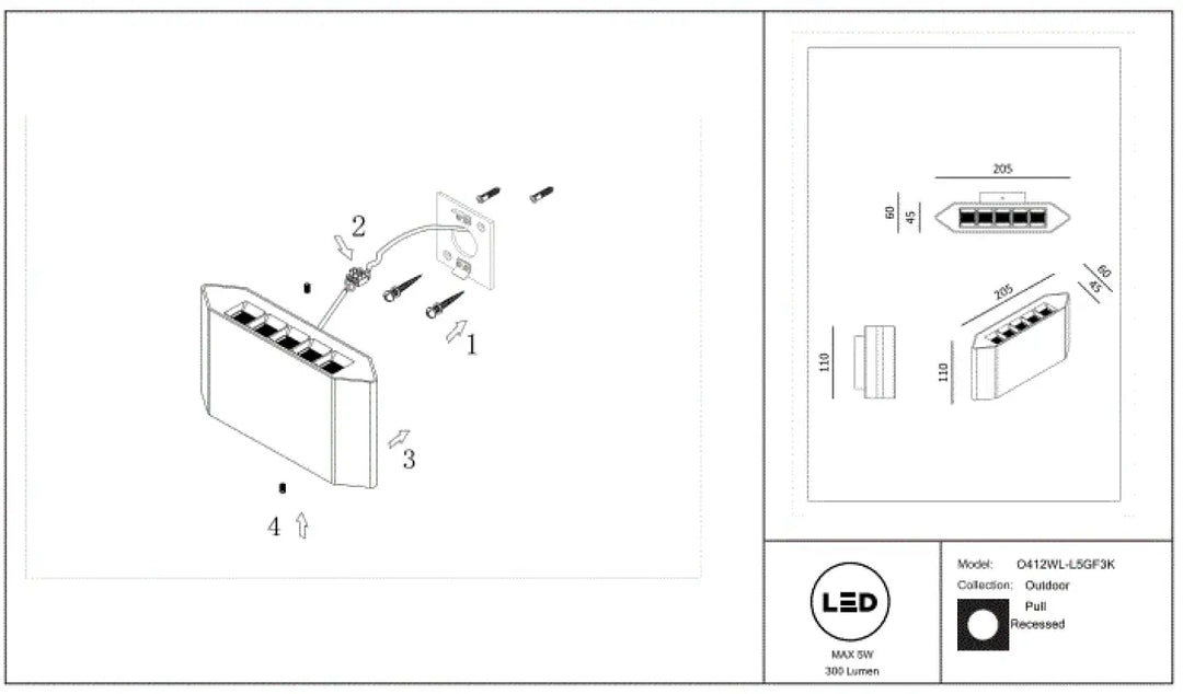 Applique extérieure led pull modèle o412wl-lsgf3k en acier noir avec lumière rasante et 5 sorties de 300 lumens