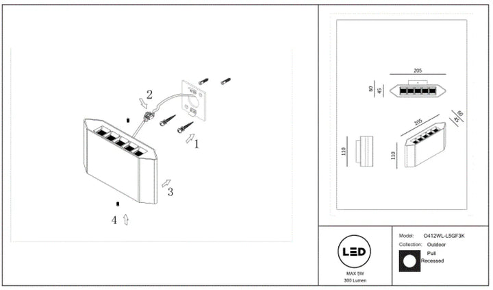 Applique extérieure led pull modèle o412wl-lsgf3k en acier noir avec lumière rasante et 5 sorties de 300 lumens