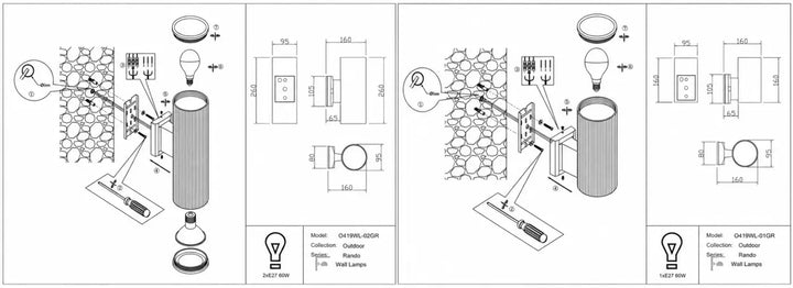 Applique extérieur rando avec abat-jour cylindrique en acier gris ip54 et ampoule e27 pour usage étanche