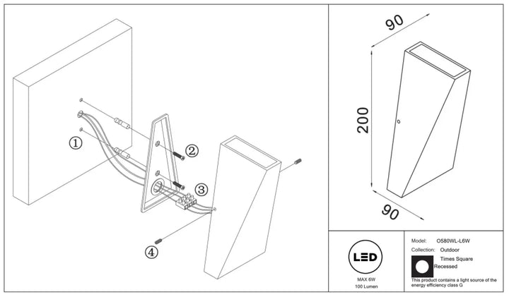 Applique extérieure times square bloc vertical os80wl-l6w noire led encastrée moderne 200mm x 90mm