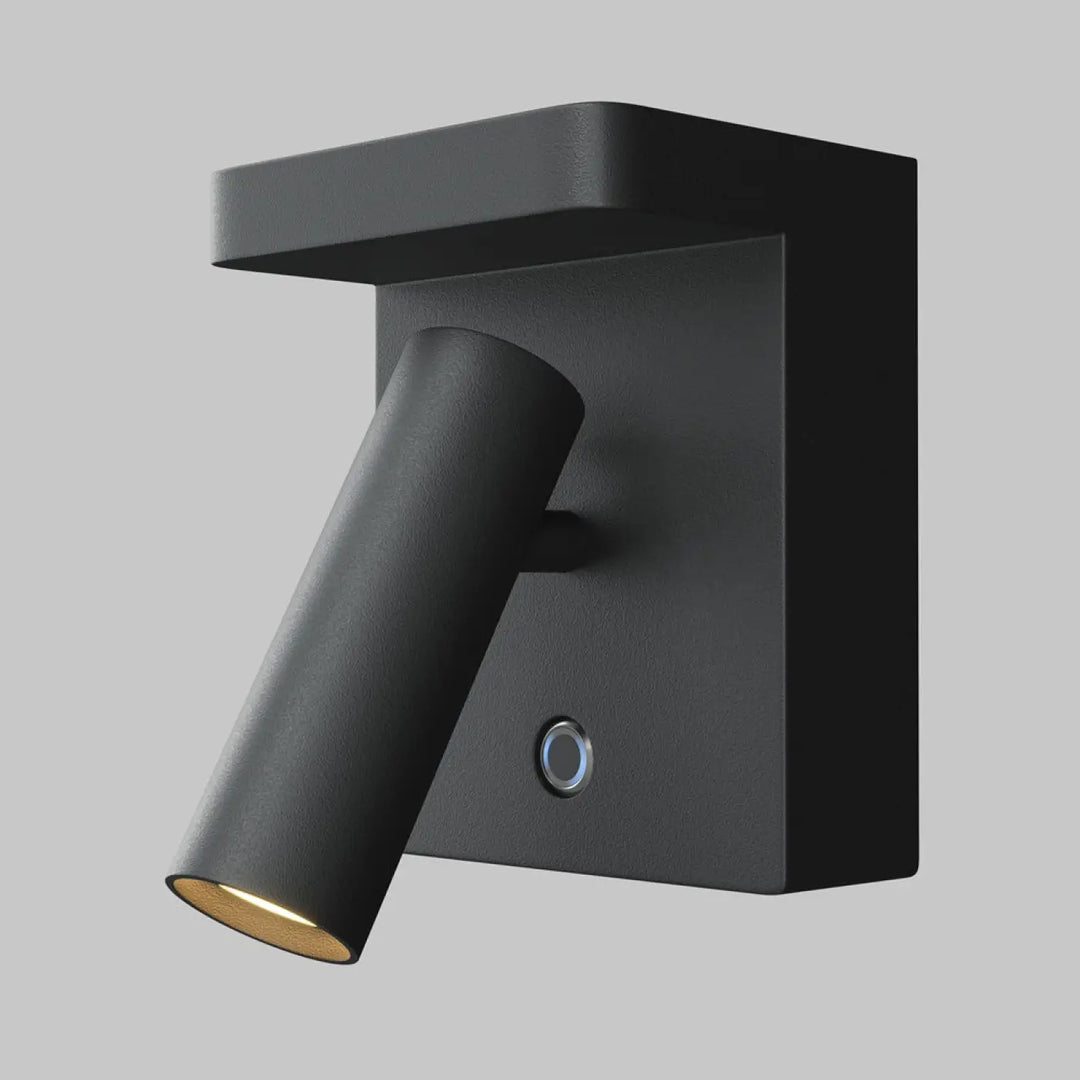 Applique liseuse arON noire mate avec spot led orientable cylindrique et capteur circulaire mural