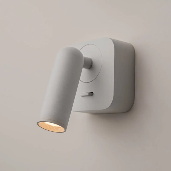 Applique liseuse murale mirax module carré blanc avec tête cylindrique et lumière chaude douce pour lecture